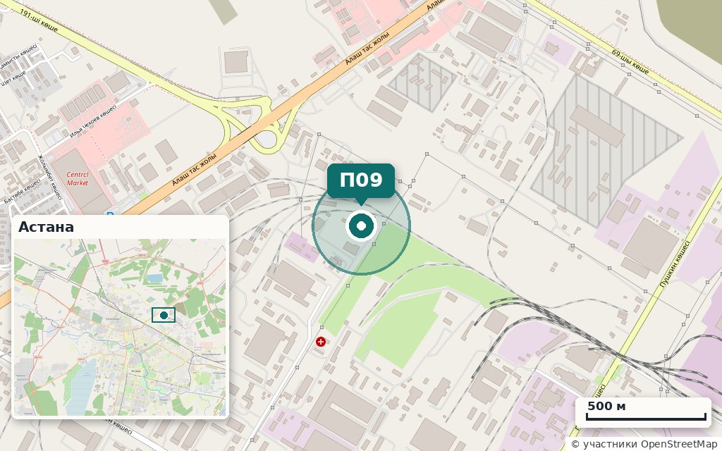 Карта: Склады 1 800 м² · Досмухамедулы 52