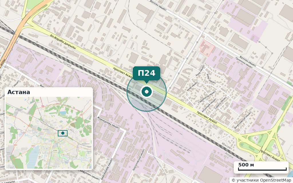 Карта: Автотехцентр 1 700 м² · Акжол 46
